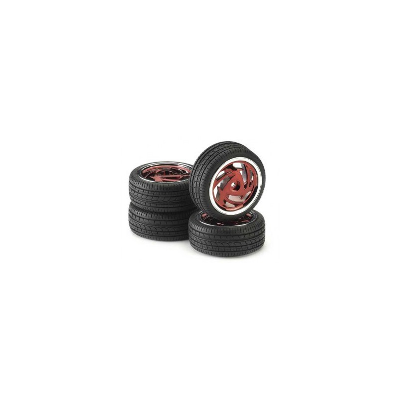 Pneus 1/10 + jantes Ronin Rouge chromé montés et collés (x4)